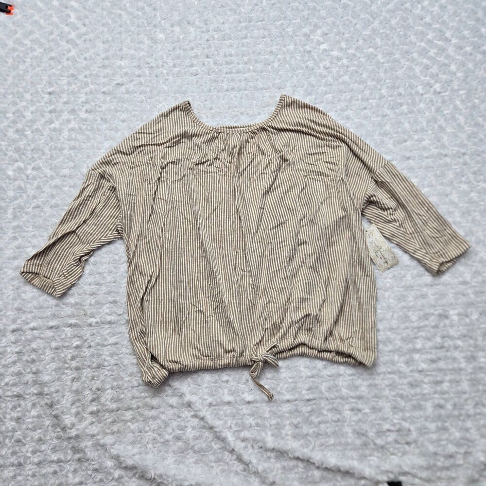 French Laundry Blouse Womens L Beige Striped Scoop Neck 3/4 Sleeve NWT Tie Front